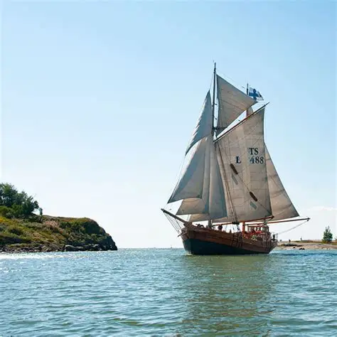 Wooden gaff-rigged sailing ship under full sail in the Finnish archipelago